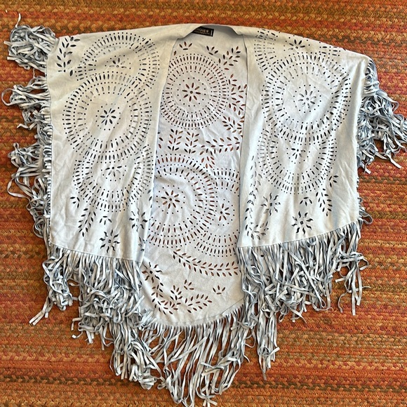 Blue Faux Suede Cutout Fringe Shawl - Picture 6 of 6